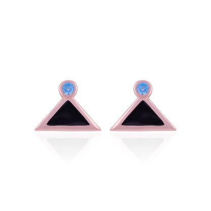 Pair of triangle-shaped earrings with pink, black, and blue colors on a white background