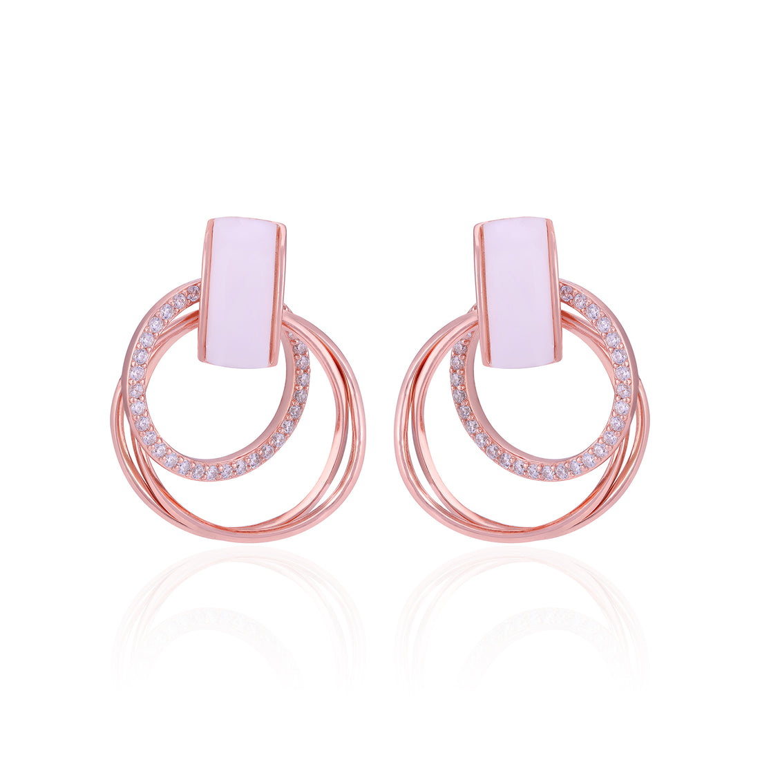 Pair of rose gold hoop earrings with pink center stones on a white background