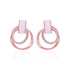 Pair of rose gold hoop earrings with pink center stones on a white background