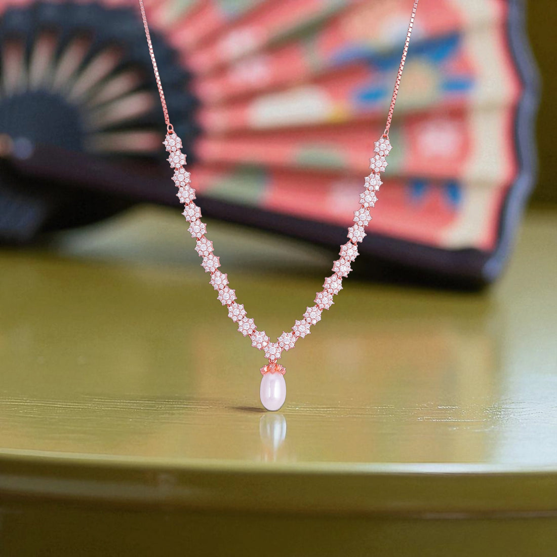 925 Sterling Silver Rose-Tinted Flower Cluster Pearl Drop Necklace for Women