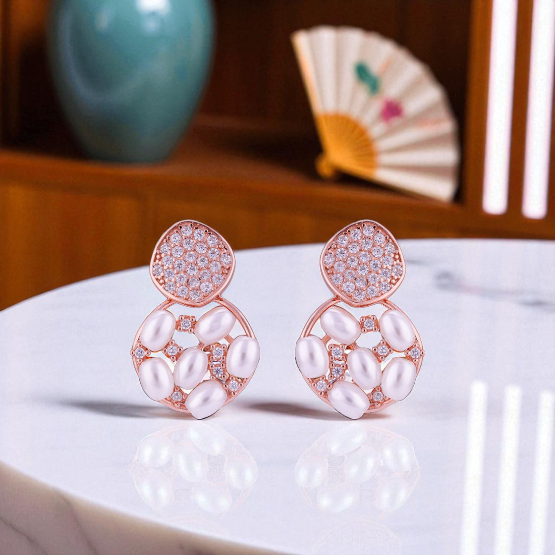 925 Sterling Silver Rose-Tinted Modern Pearl Orbit Crystal Mosaic Top Earrings for Women