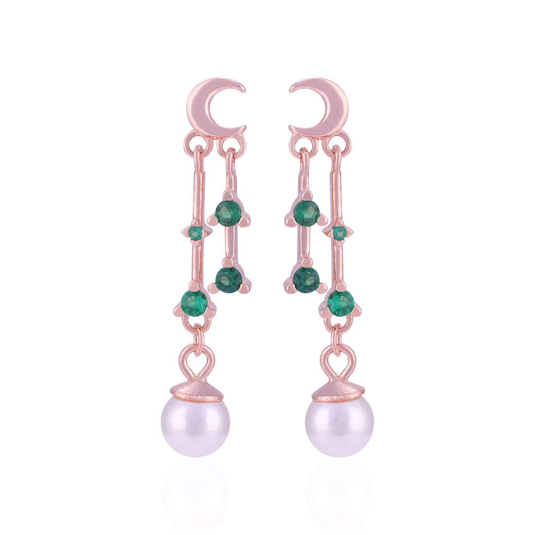 Rose gold earrings with green gemstones and pearl drops on a white background