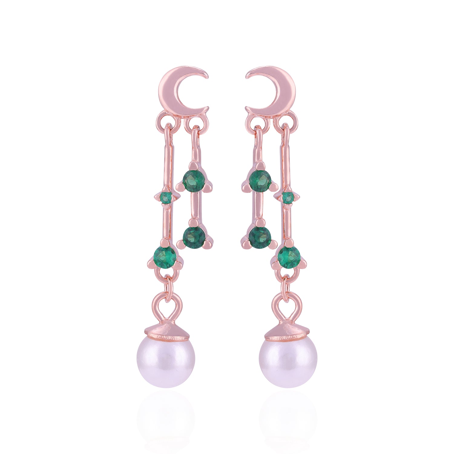 Rose gold earrings with green gemstones and pearl drops on a white background