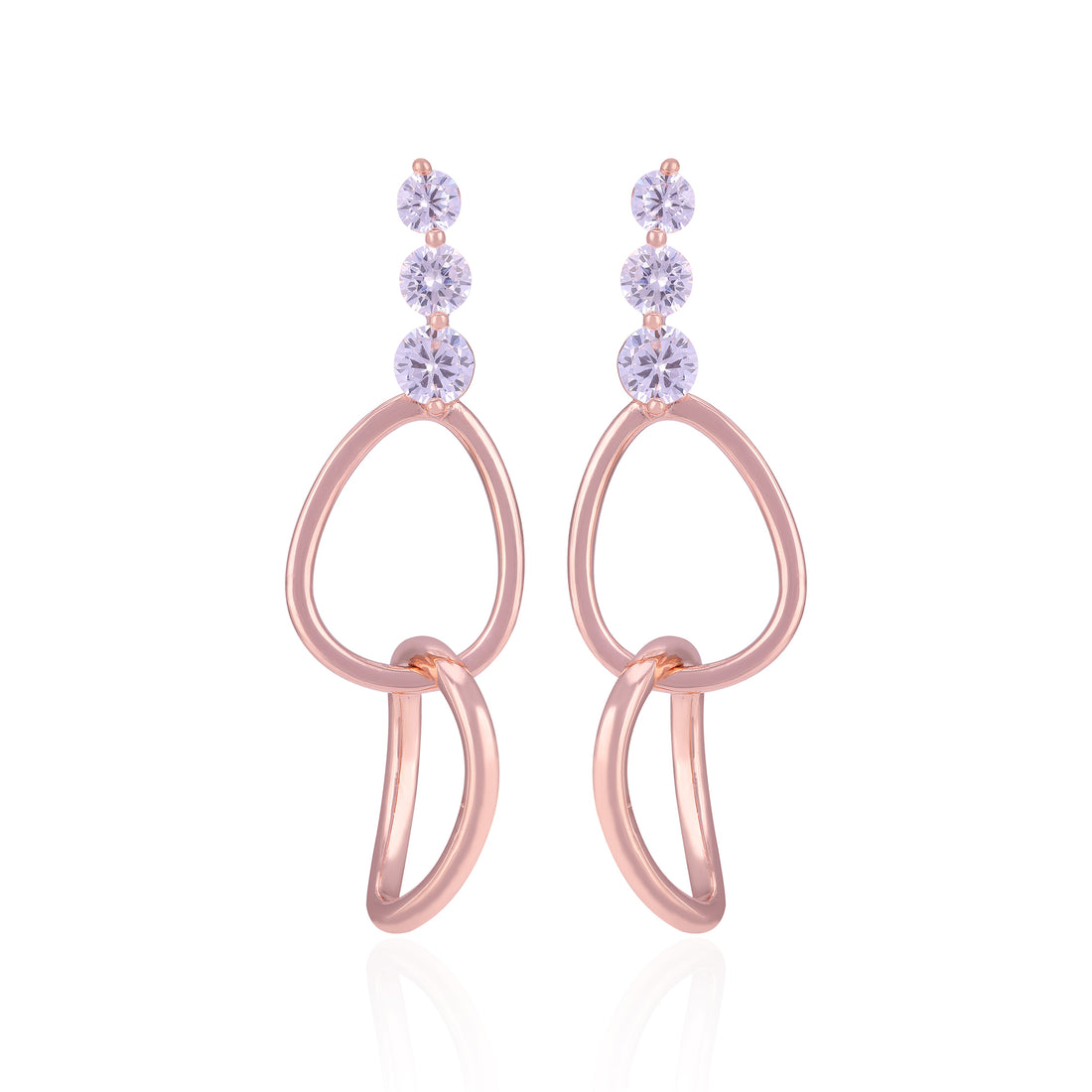 Rose gold earrings with purple gemstones on a white background