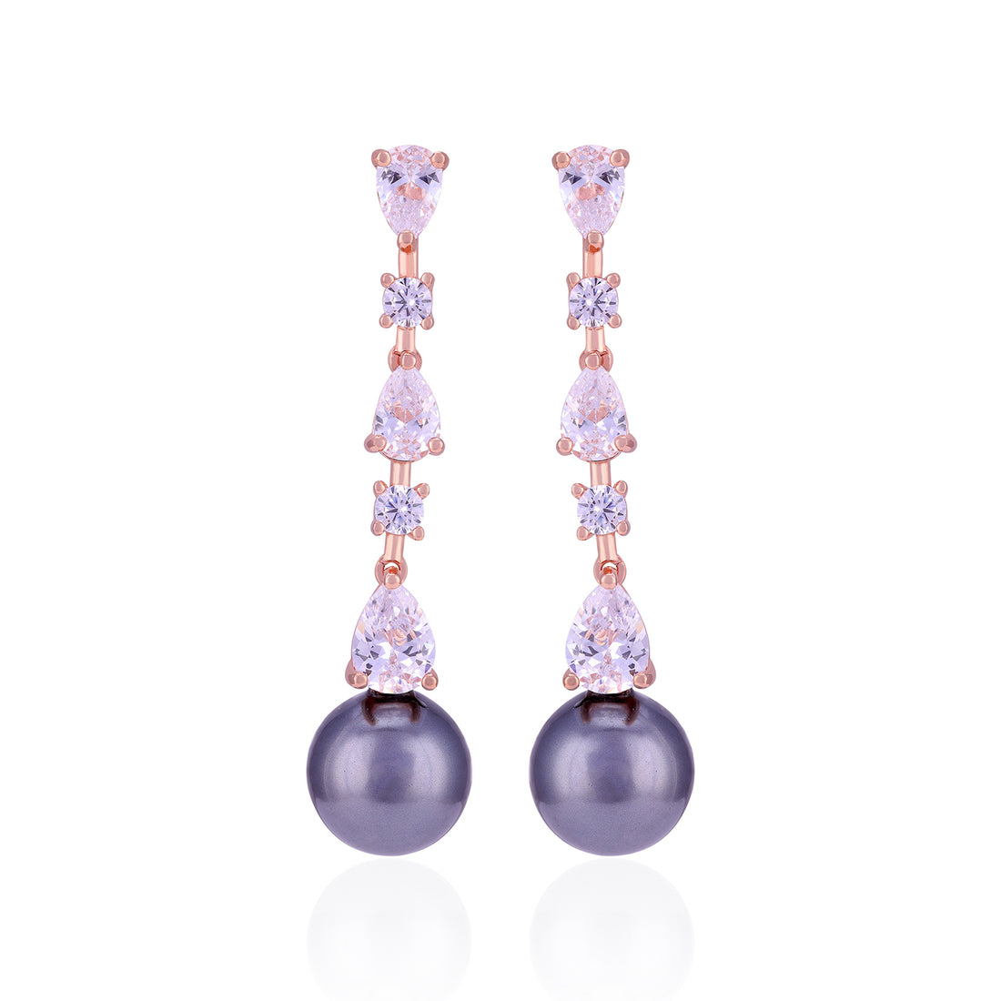 Earrings with purple pearls and rose gold accents on a white background