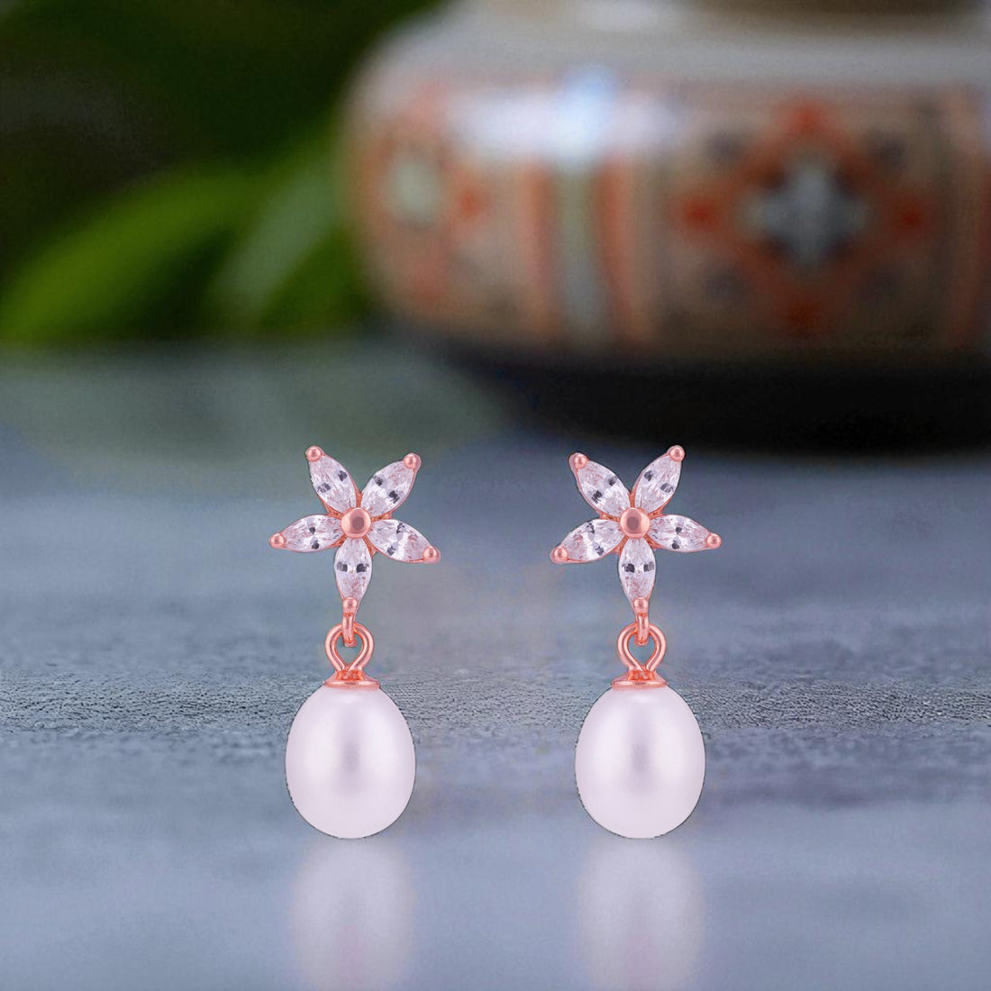 925 Sterling Silver Rose Gold-Plated Dainty Flower Dangling Pearl Earrings for Women