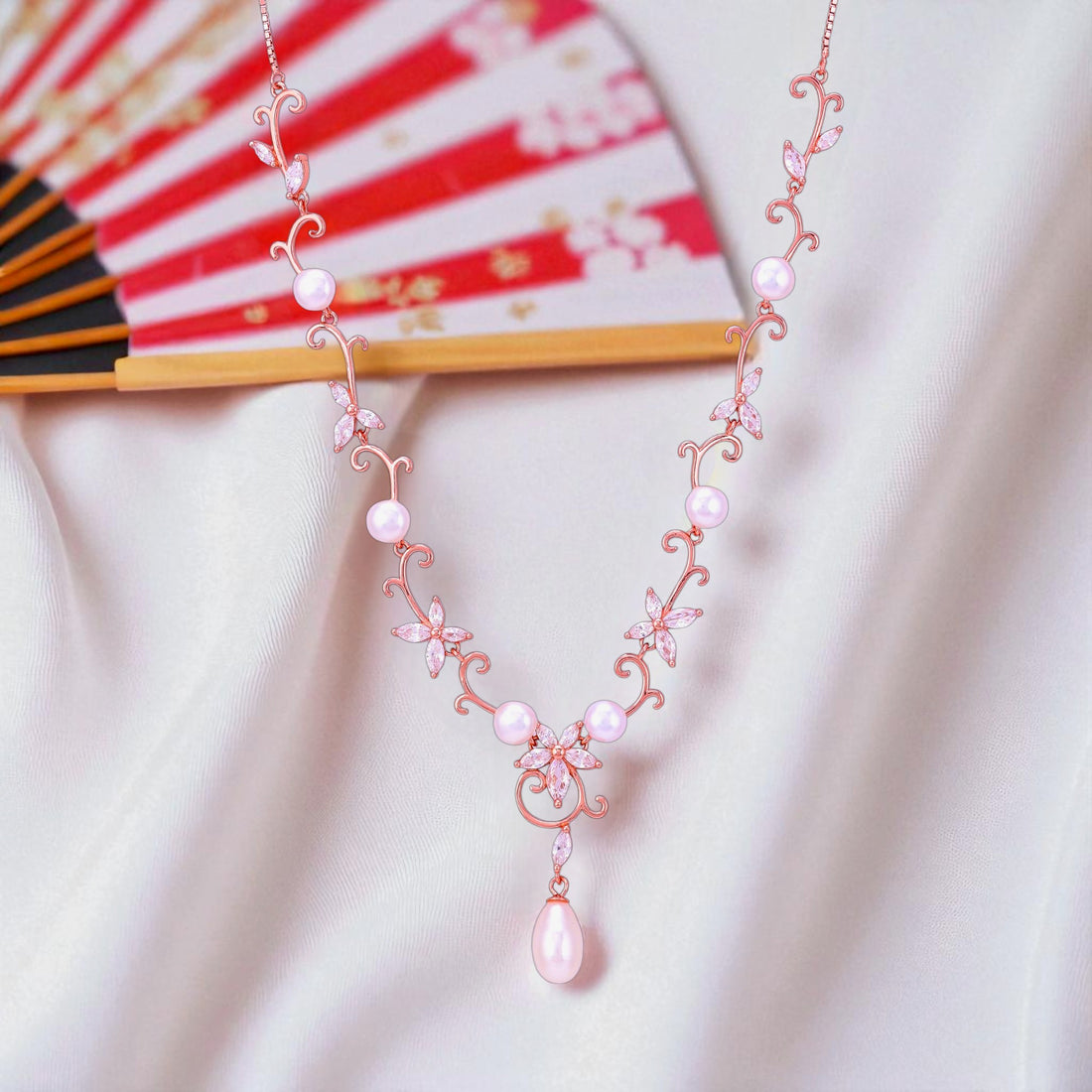925 Sterling Silver Rose Gold Crescent Fan Drop Necklace for Women