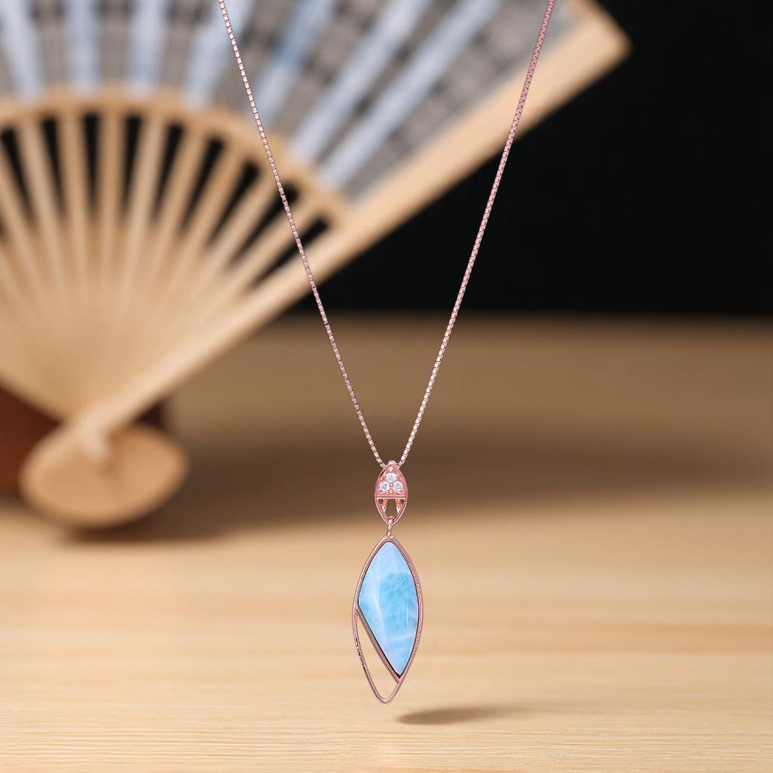 925 Sterling Silver Rose Gold Dewdrop Larimar Petal Chain Pendant for Women