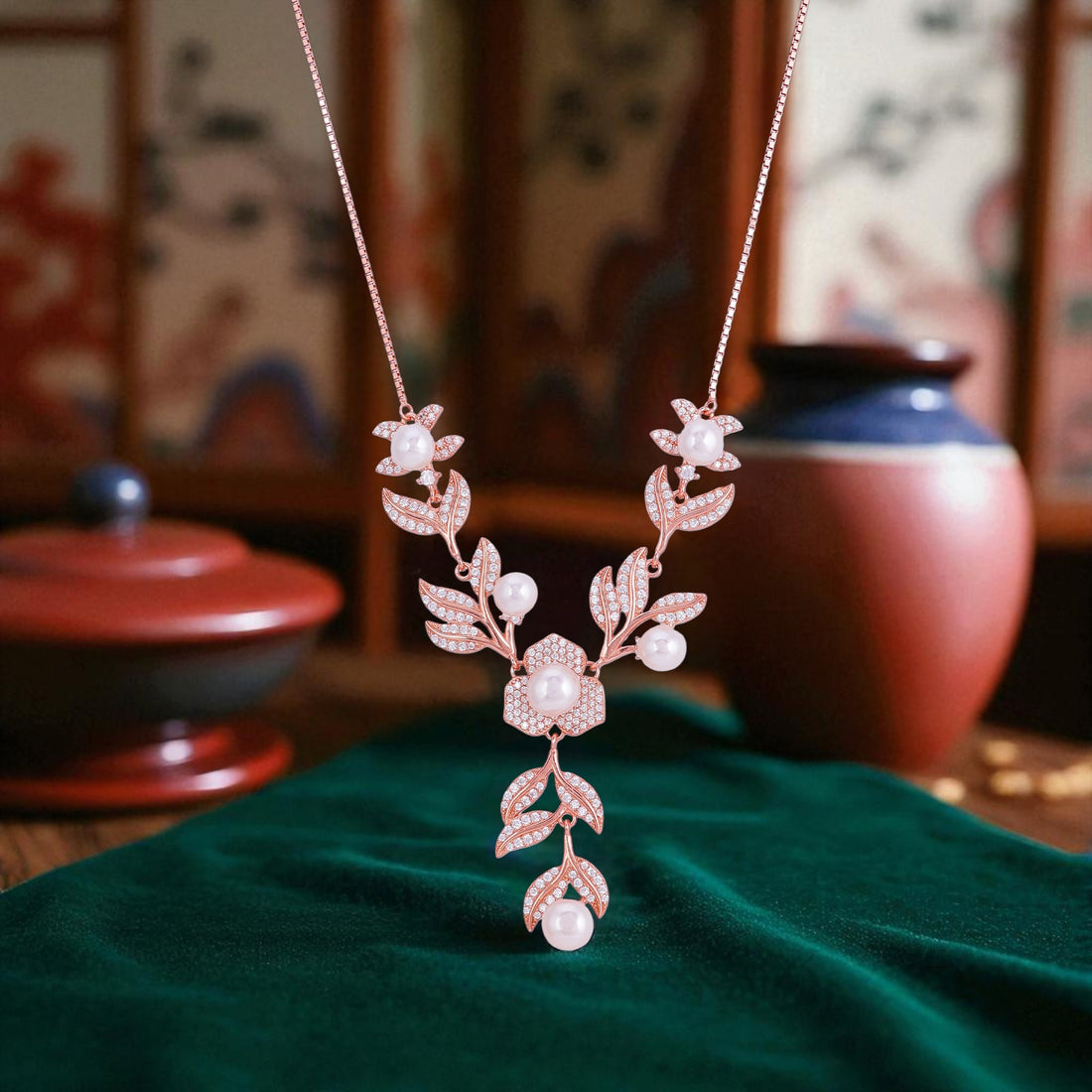 925 Sterling Silver Rose Gold Enchanted Garden Pearl Drops Necklace for Women