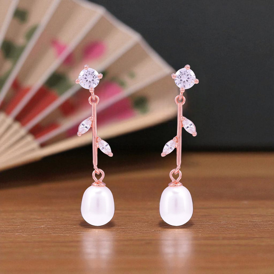 925 Sterling Silver Rose Gold Flora Curve Pearl Charms Earrings for Women