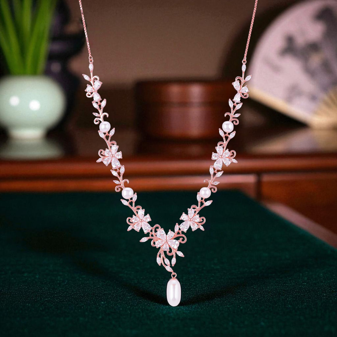 925 Sterling Silver Rose Gold Floral Filigree Oval Pearl Drop Necklace for Women