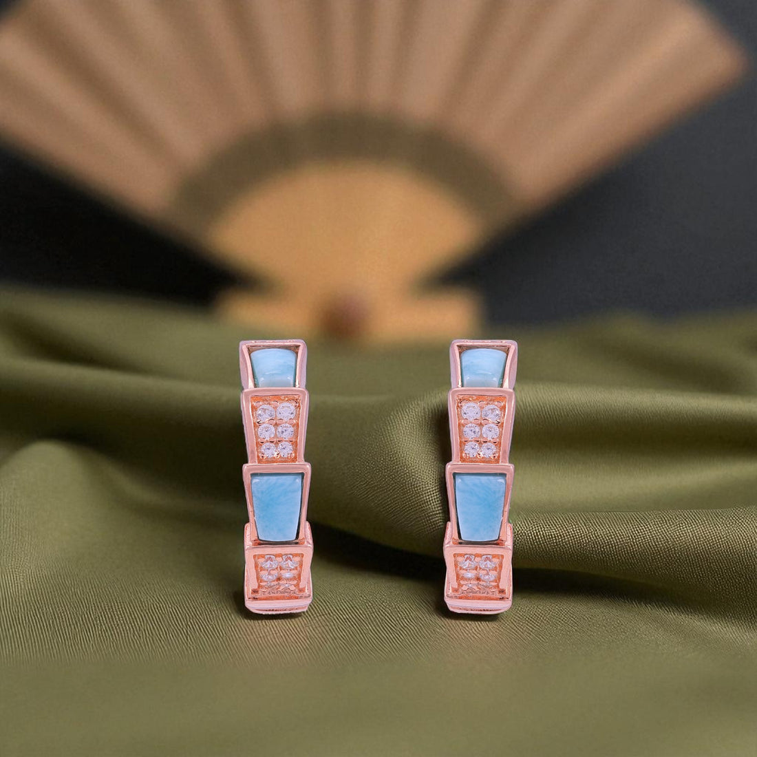 925 Sterling Silver Rose Gold Glam  Stacked Blue Inlays Earrings for Women