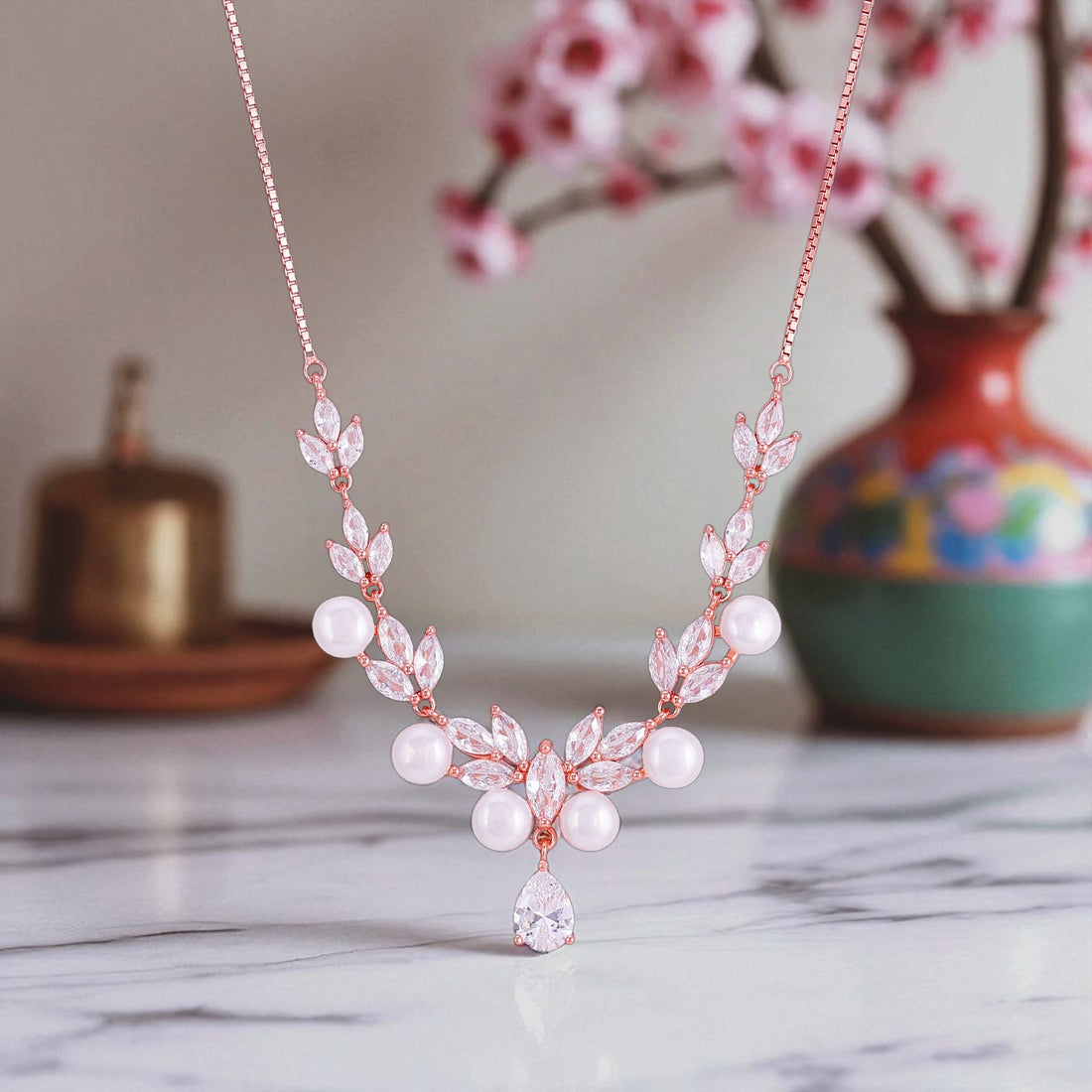 925 Sterling Silver Rose Gold Marquise Crystal Pearl Statement Necklace for Women