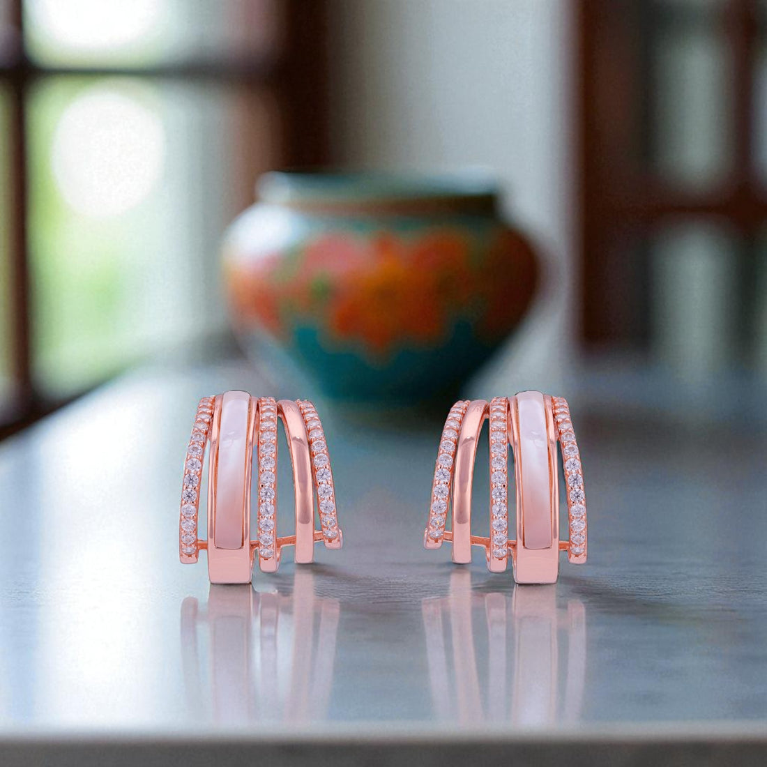 925 Sterling Silver Rose Gold Overlapping Hoop Pearl Detail Stoned Earrings for Women