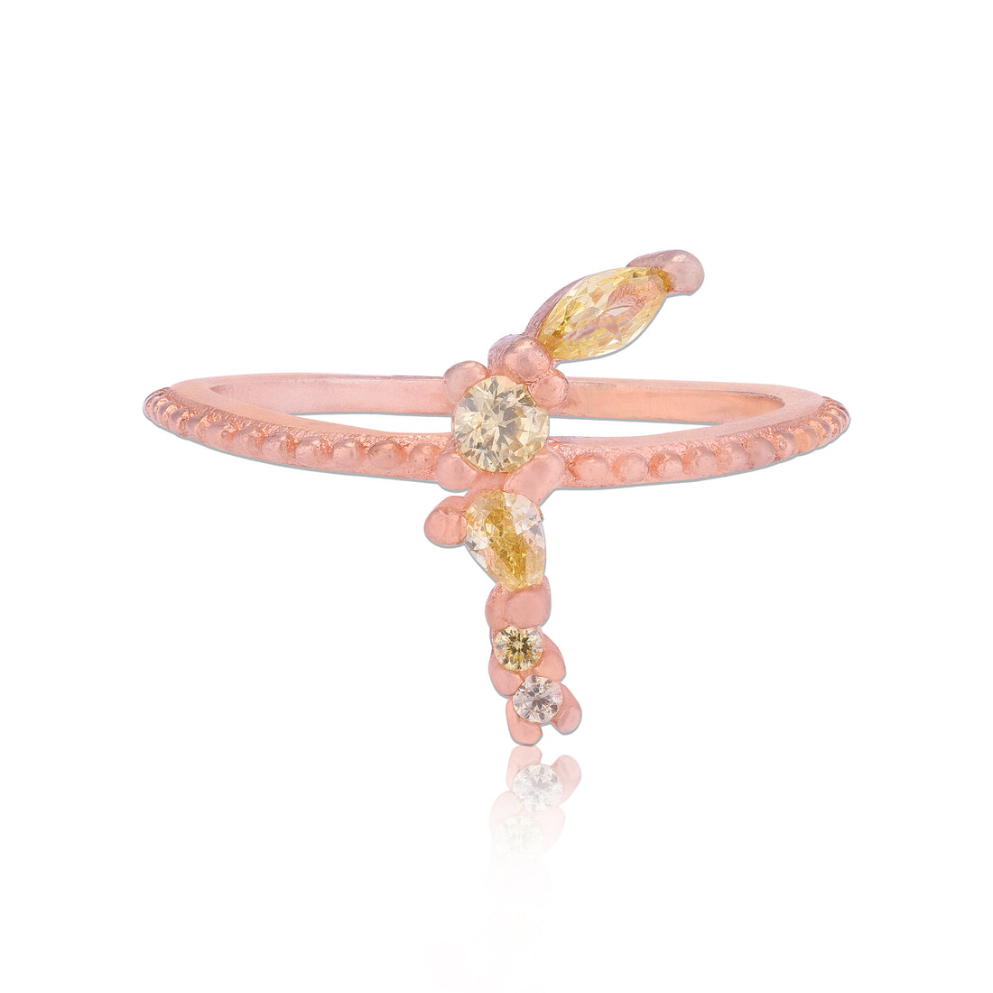 925 Sterling Silver Rose Gold Plated Beaded Vine  Mixed Cut Yellow Ring for Women