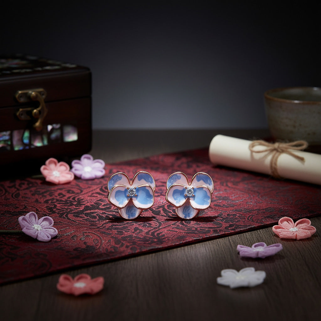 Floral earrings on a decorative mat with a dark background
