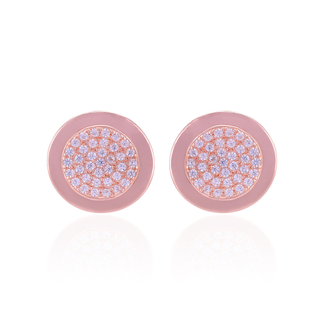 Pair of round earrings with pink and blue gemstone pattern on a white background