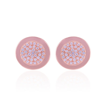 Pair of round earrings with pink and blue gemstone pattern on a white background