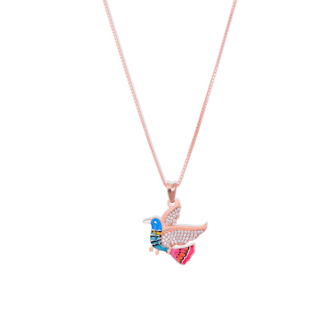 925 Sterling Silver Rose Gold Plated Enamel Bird Wing Detailing Chain Pendant for Women