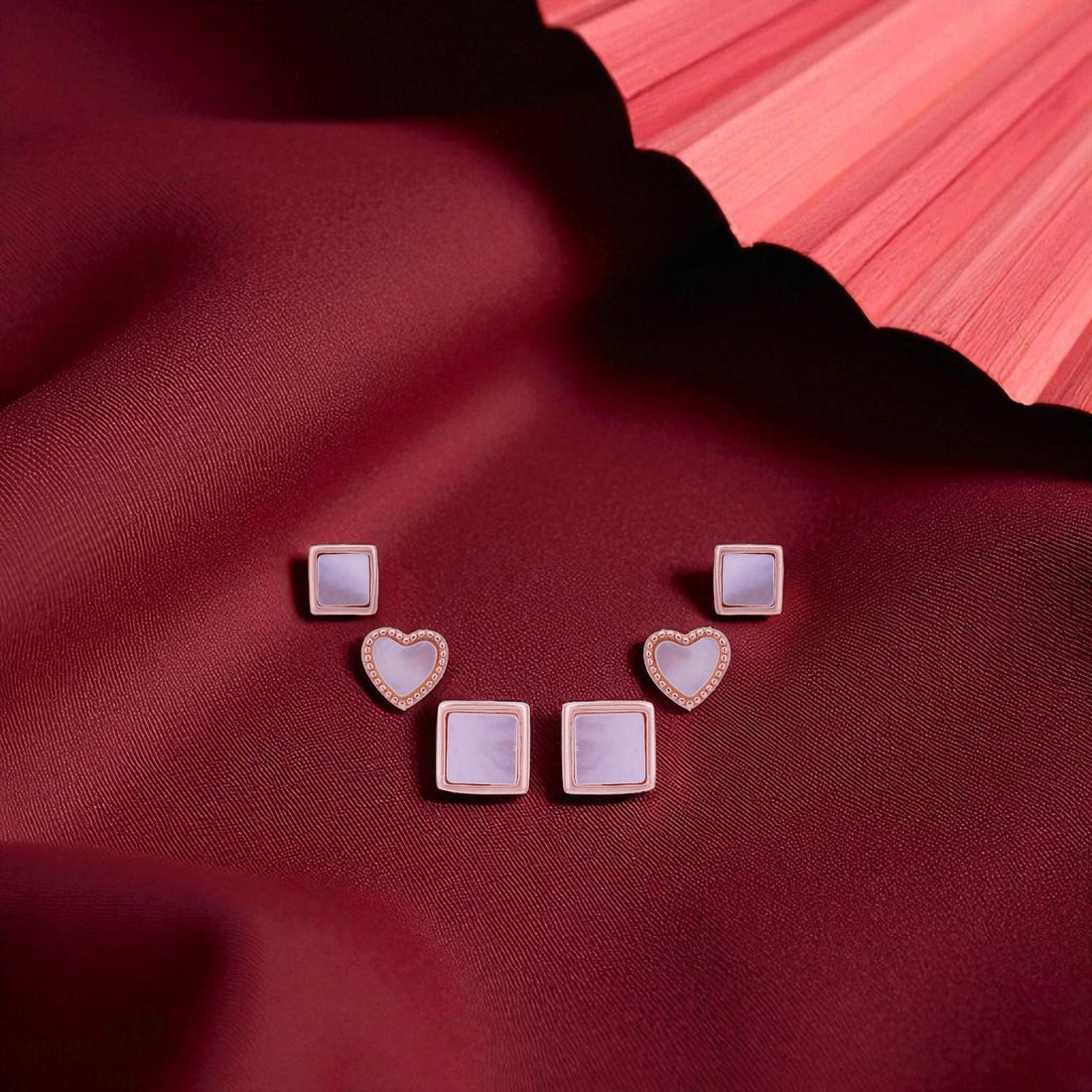 925 Sterling Silver Rose Gold Plated Glossed Geometry Heart &amp; Square Ear Set for Women