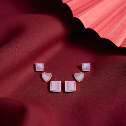 925 Sterling Silver Rose Gold Plated Glossed Geometry Heart &amp; Square Ear Set for Women
