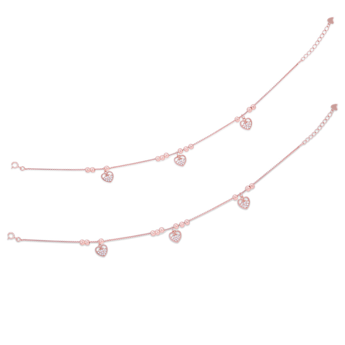 925 Sterling Silver Rose Gold Plated Heart Drop Charm Bracelet for Women