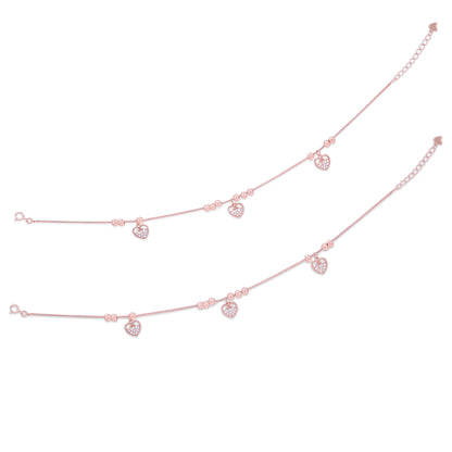 925 Sterling Silver Rose Gold Plated Heart Drop Charm Bracelet for Women