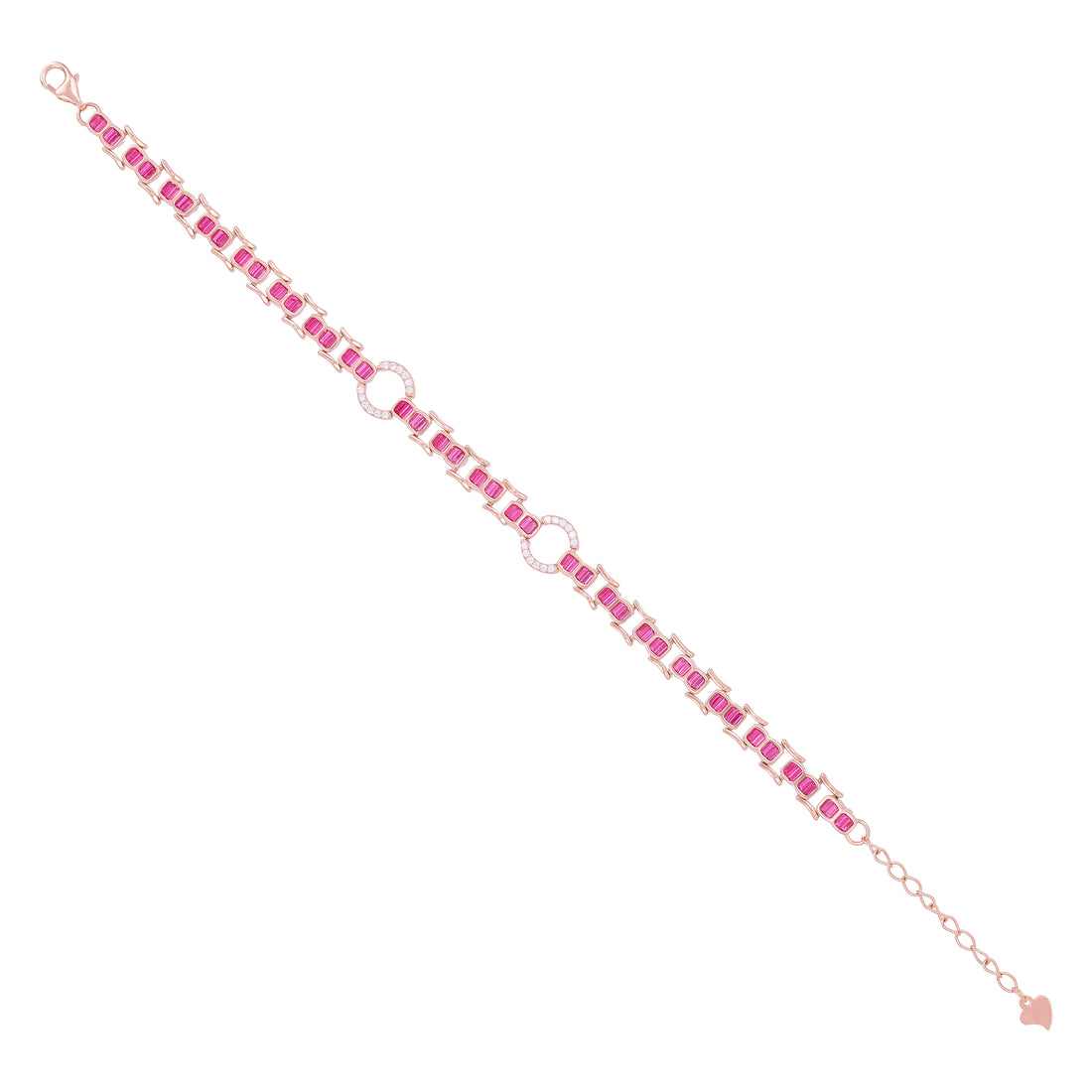 925 Sterling Silver Rose Gold Plated Link Pink Baguette Stones Circular Halo Accents Stones Bracelet for Women