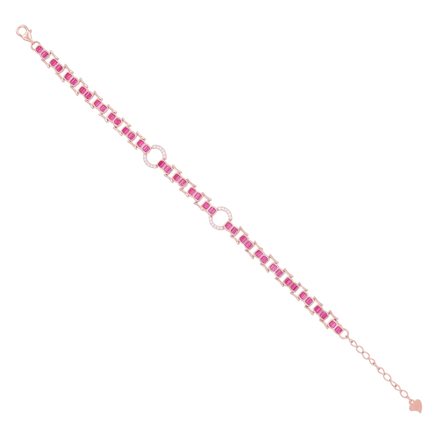 925 Sterling Silver Rose Gold Plated Link Pink Baguette Stones Circular Halo Accents Stones Bracelet for Women
