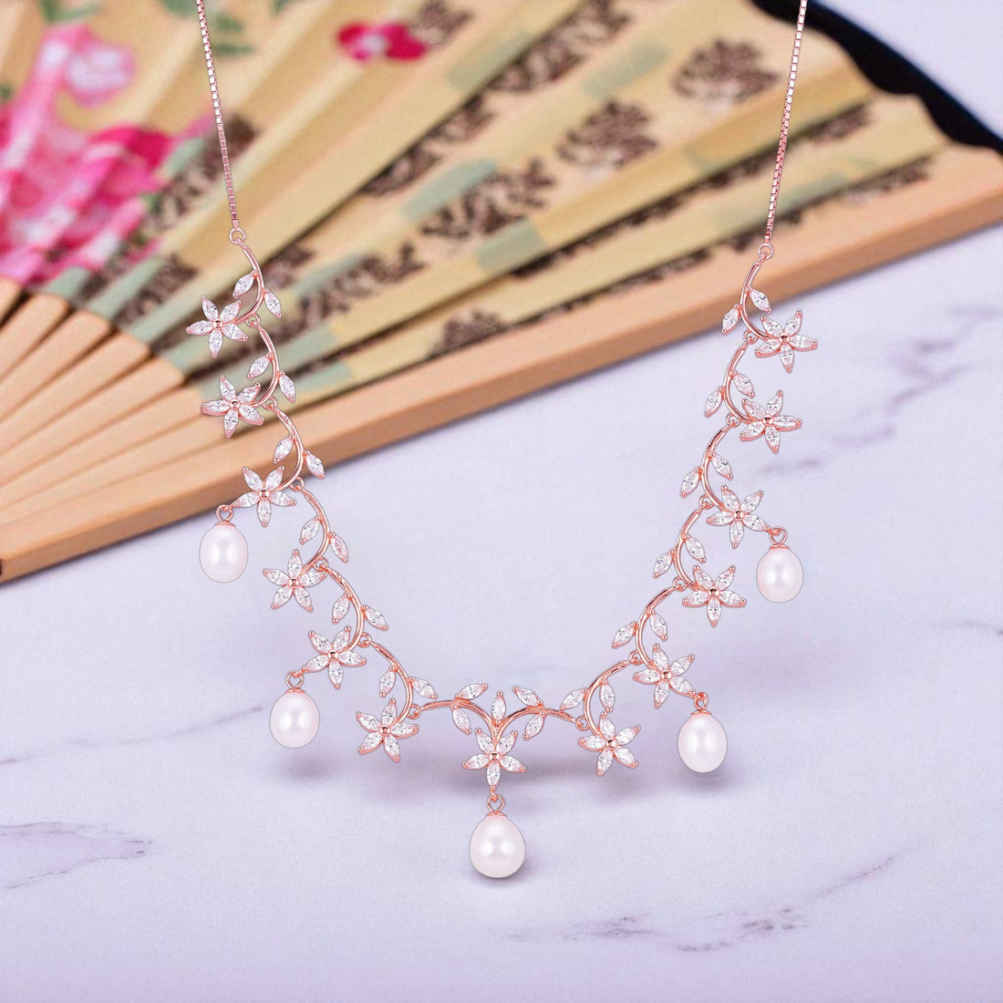 925 Sterling Silver Rose Gold Plated Luxe Petal White Pearl Acents Necklace for Women