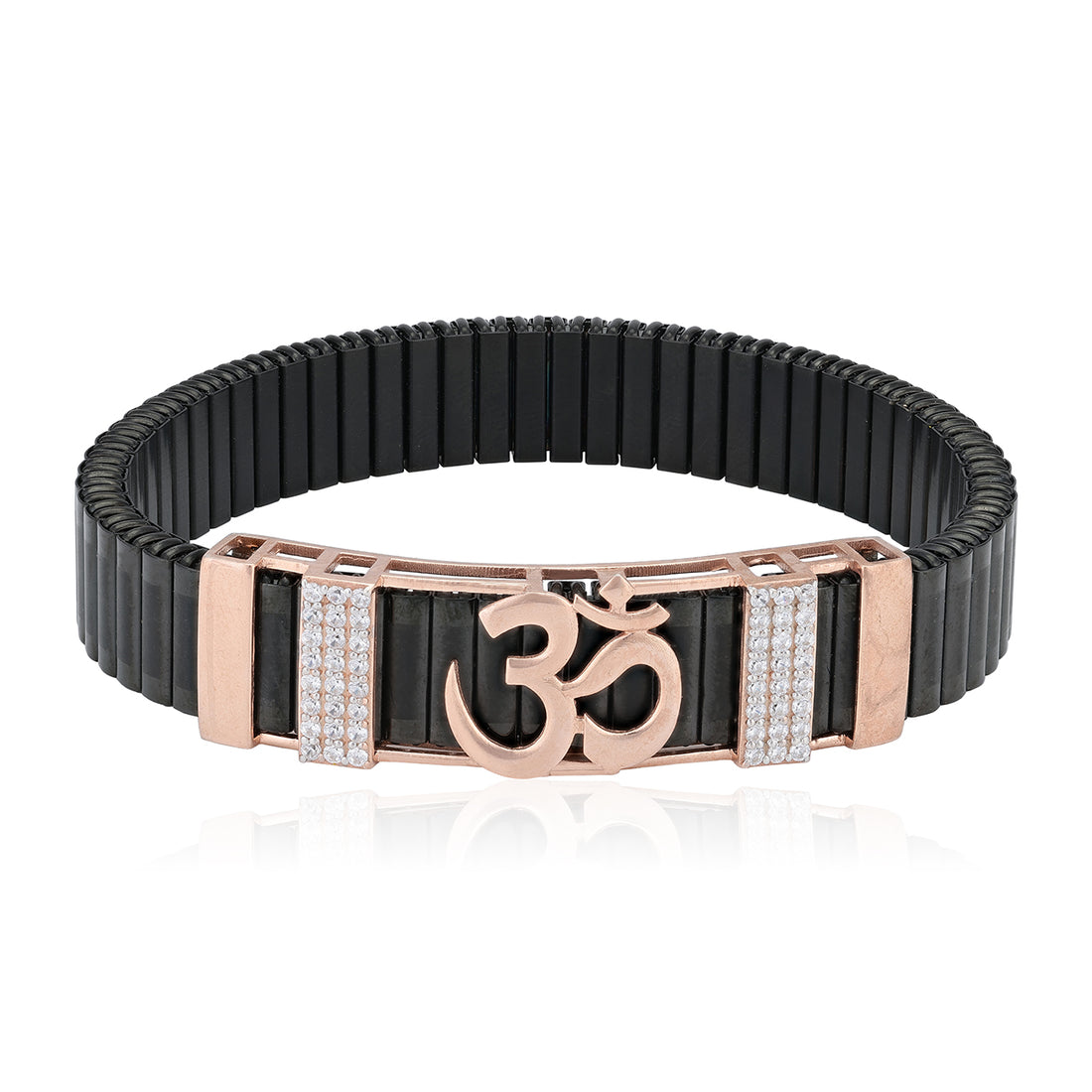 925 Sterling Silver Rose Gold Plated ‘Om’Symbol Black Ceramic Panels Strip Accents Bracelet for Men