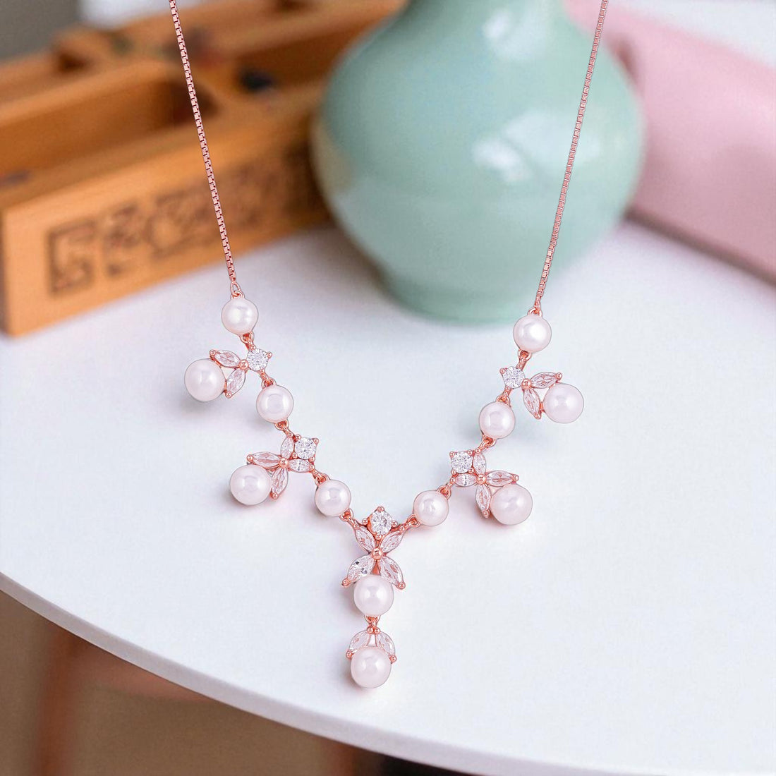 925 Sterling Silver Rose Gold Plated Pearl Blossom Cascade Necklace for Women