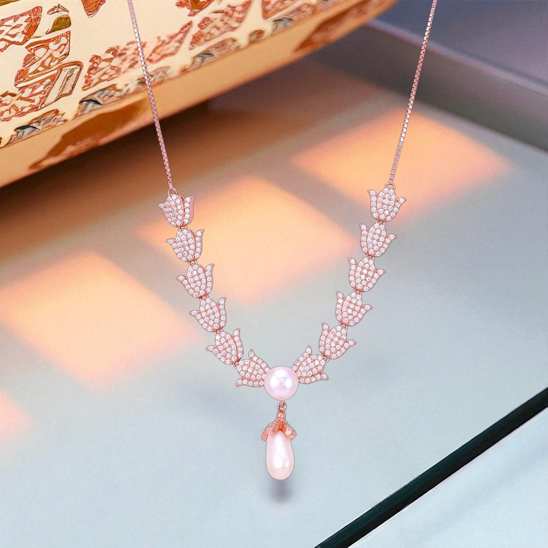925 Sterling Silver Rose Gold Plated Pearl Blossom Vine Necklace for Women