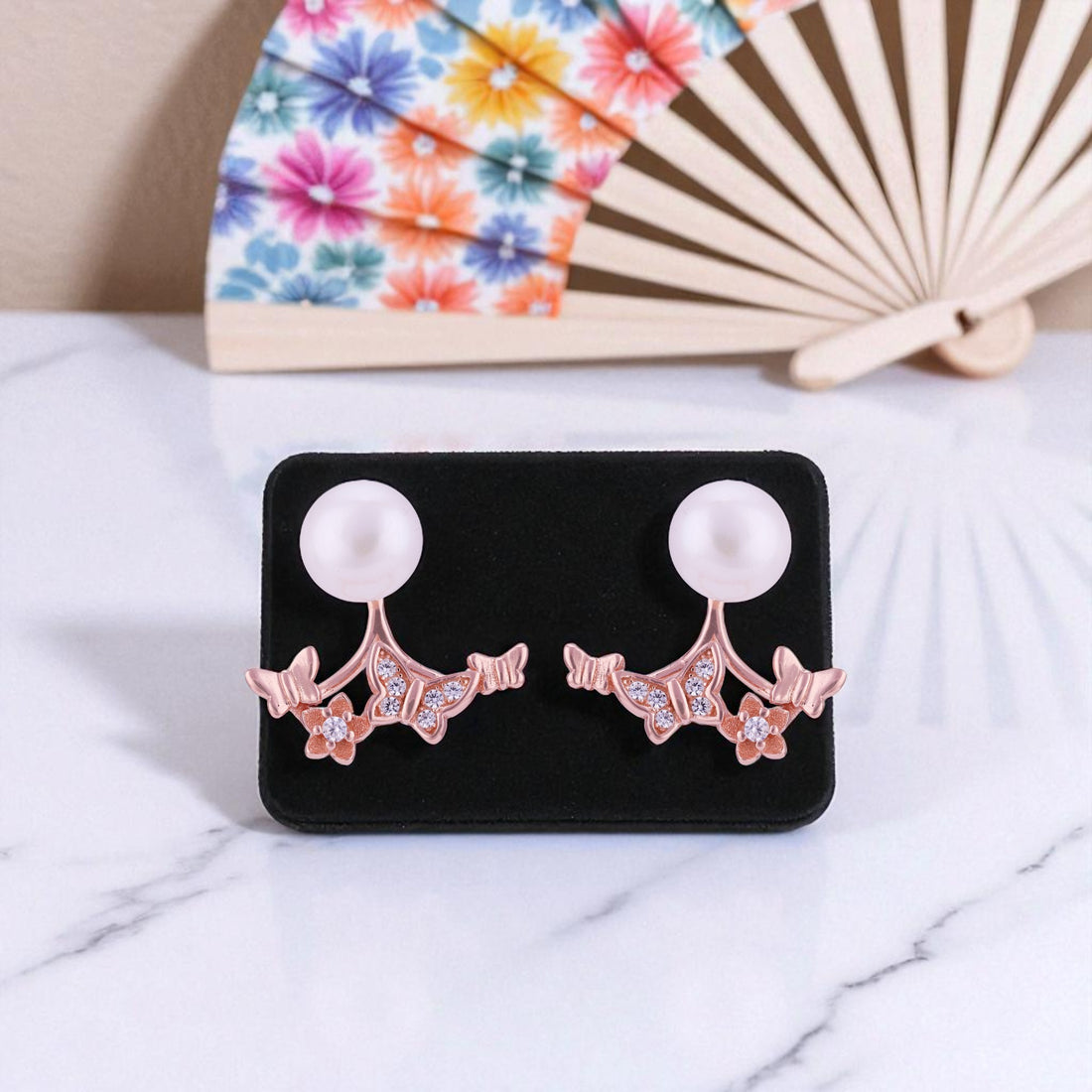 925 Sterling Silver Rose Gold Plated Triple Butterfly Pearl Earring for Women