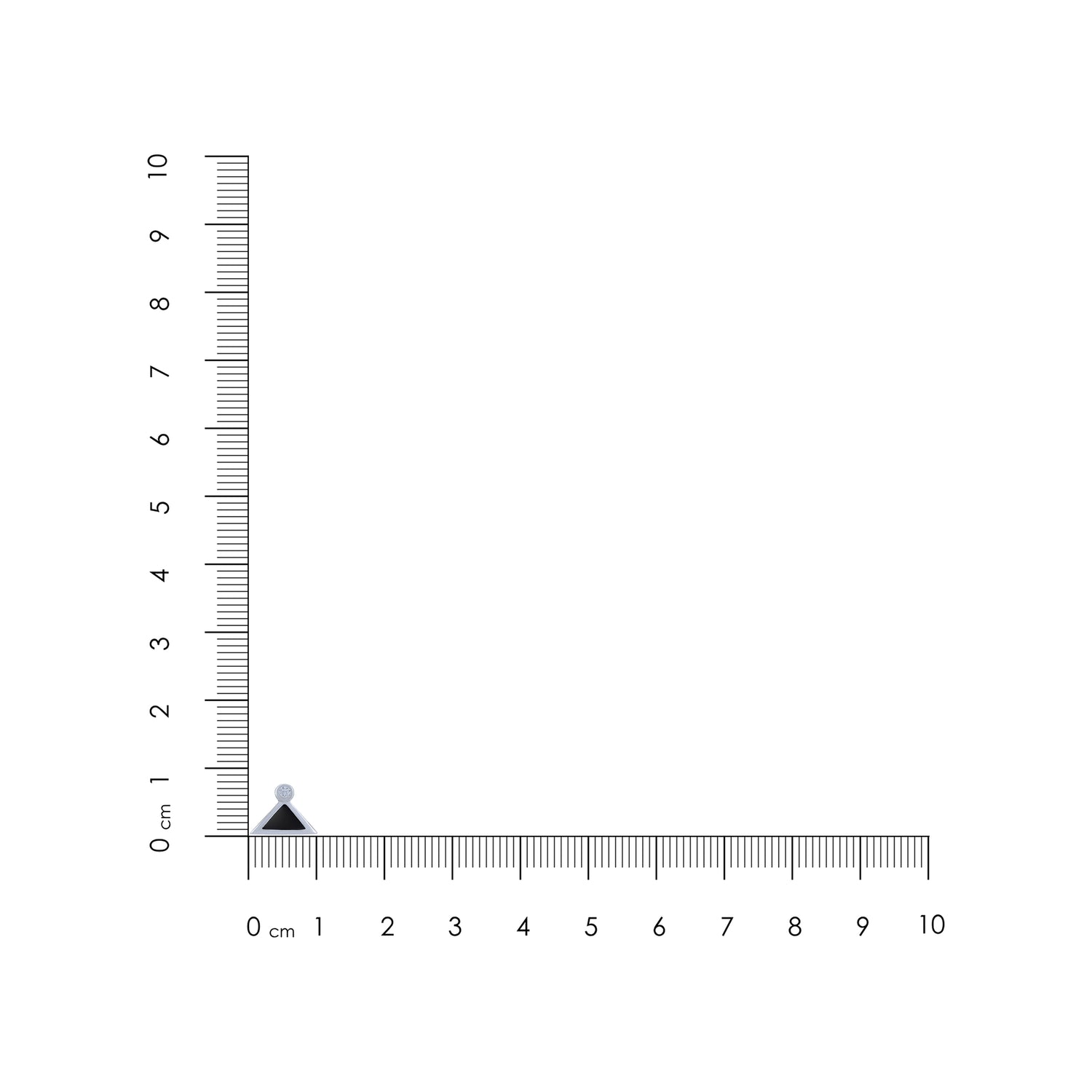 Small black triangle next to a ruler on a white background