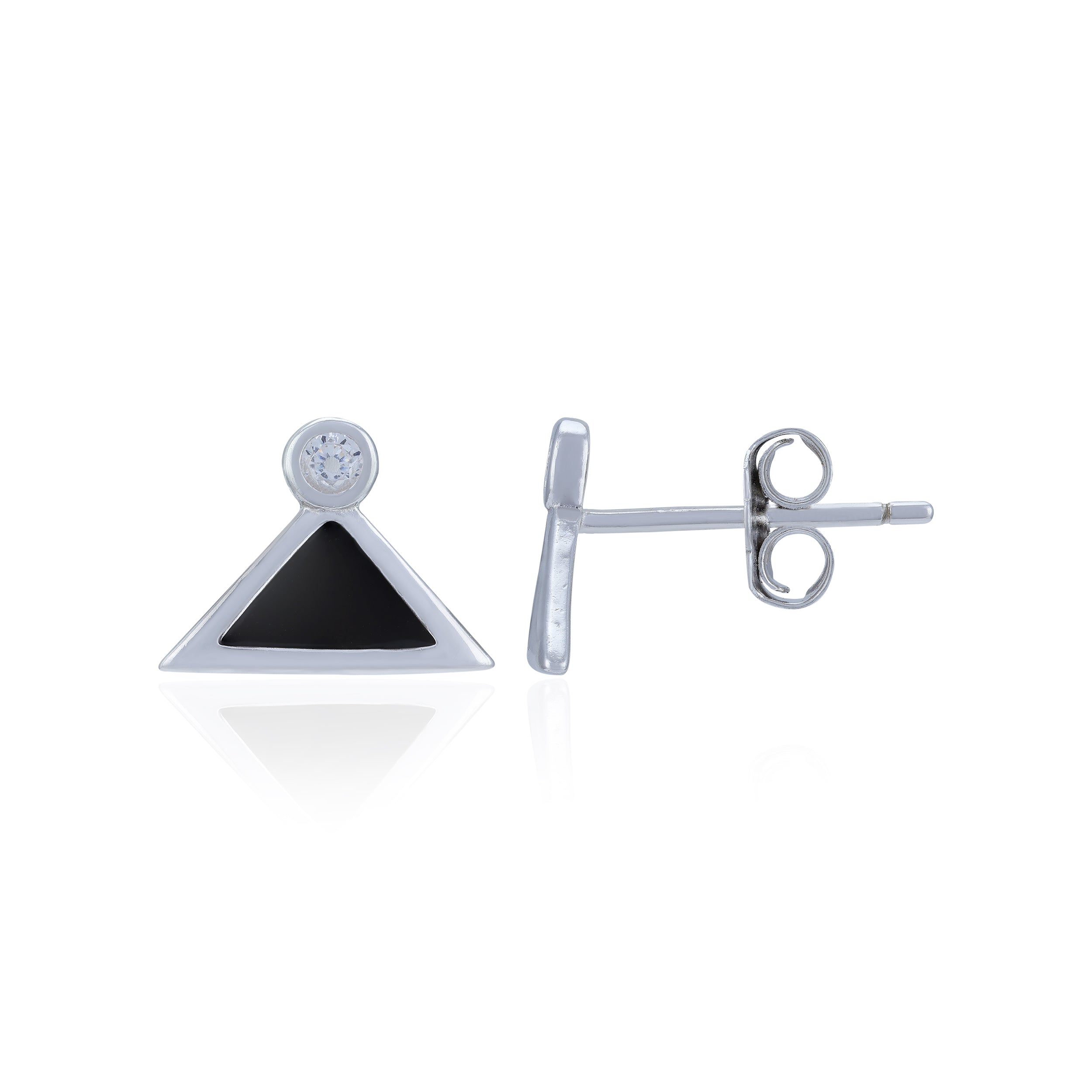 Silver earrings with a black triangle design on a white background