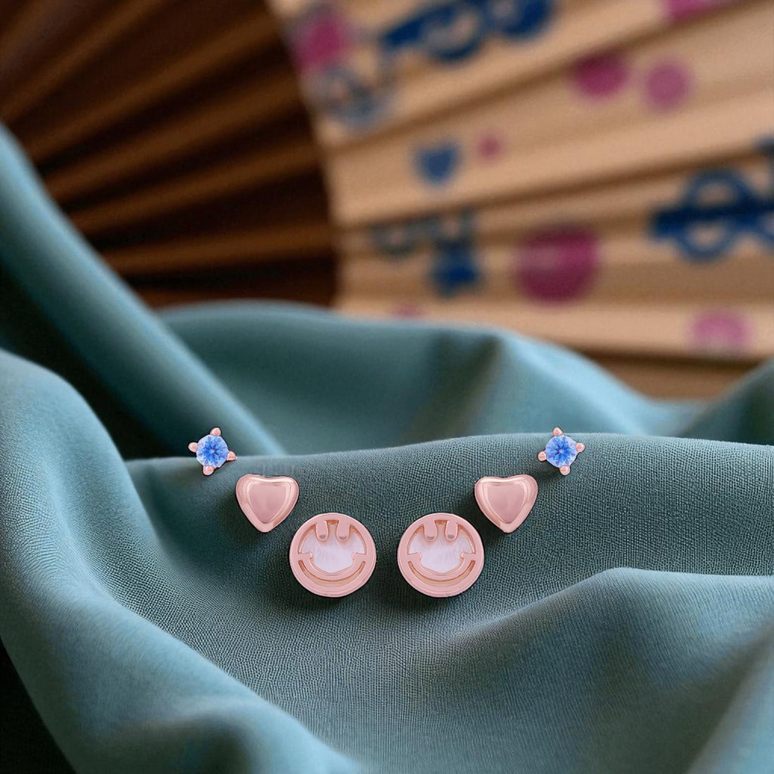 925 Sterling Silver Rose Gold Smiley Radiance &amp; Aqua Pop Multi-Piercing Ear Set for Women
