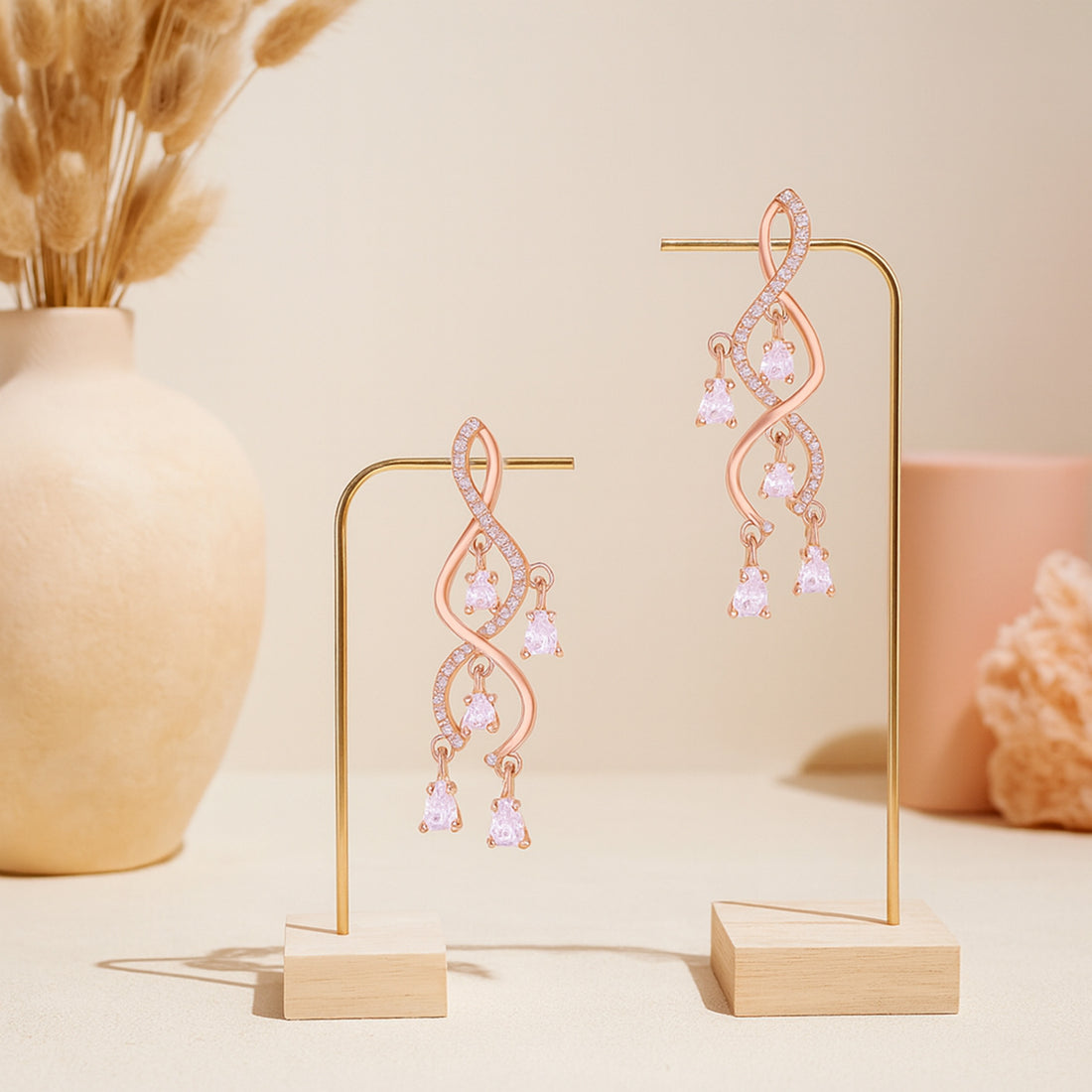 925 Sterling Silver Rose Gold Spiral Vine White Stone Dangler Earring for Women
