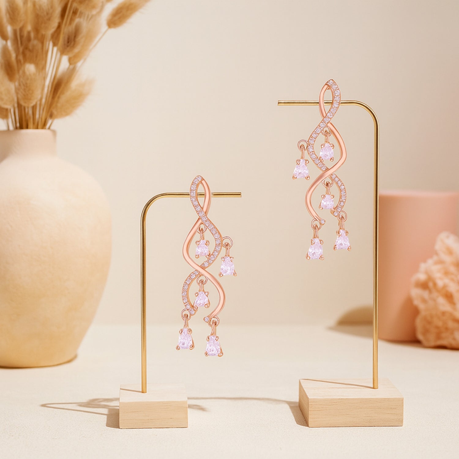 925 Sterling Silver Rose Gold Spiral Vine White Stone Dangler Earring for Women
