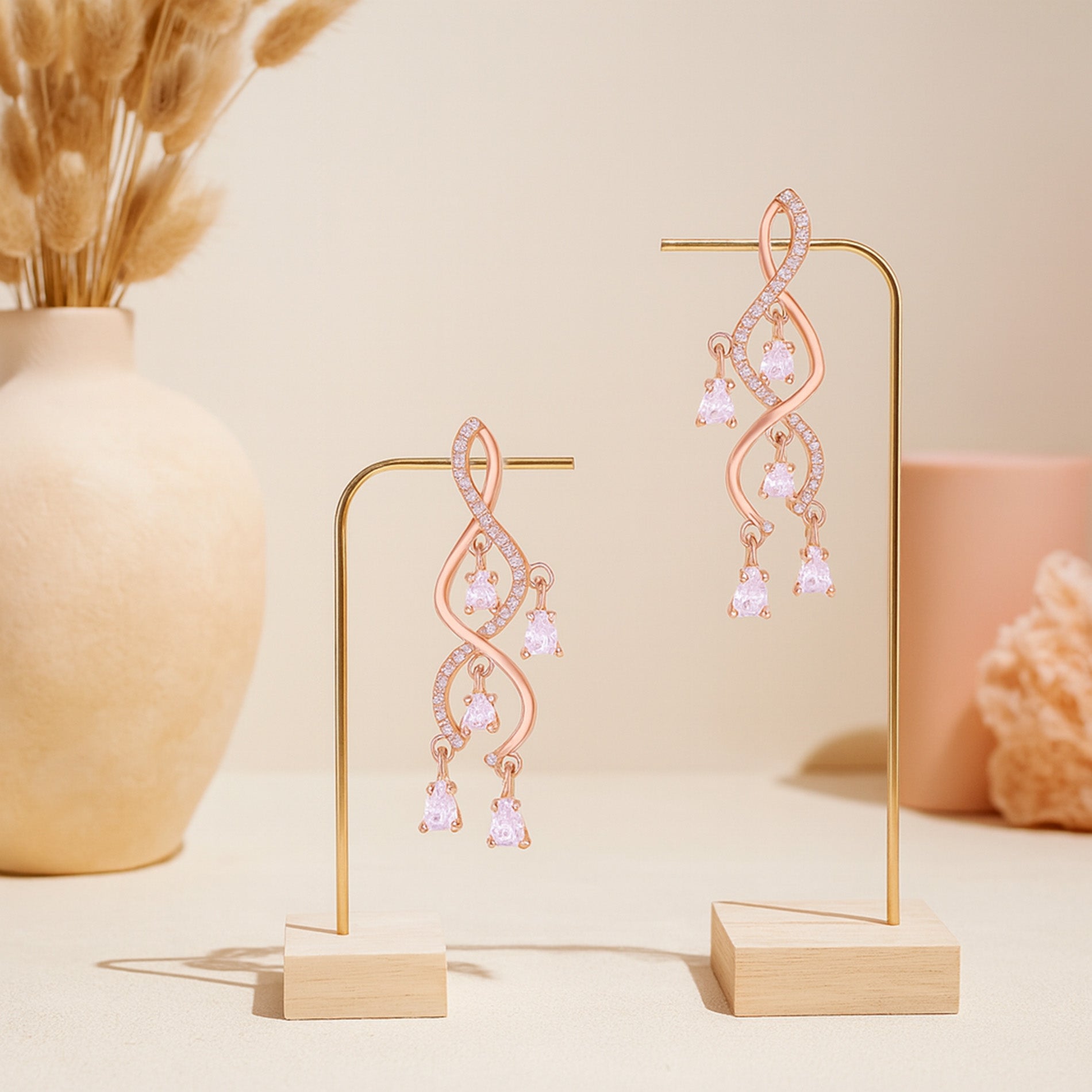 925 Sterling Silver Rose Gold Spiral Vine White Stone Dangler Earring for Women
