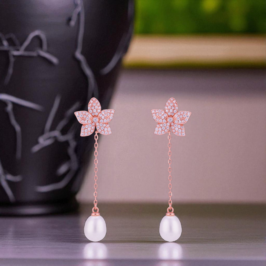 925 Sterling Silver Rose Gold Starburst Pearl Drop Chain Earrings for Women