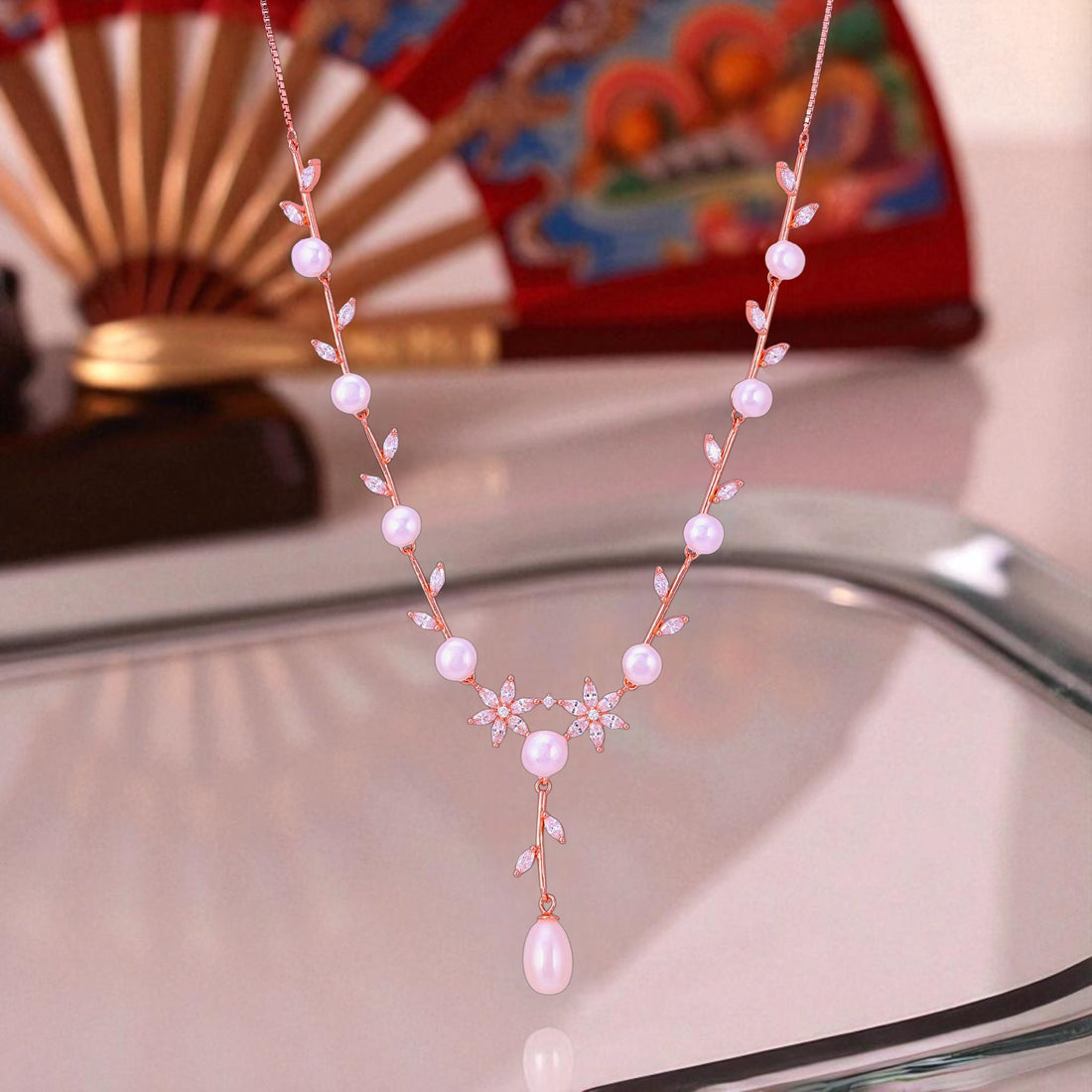 925 Sterling Silver Rose Gold Twined Leaf Pearl Drop Necklace for Women