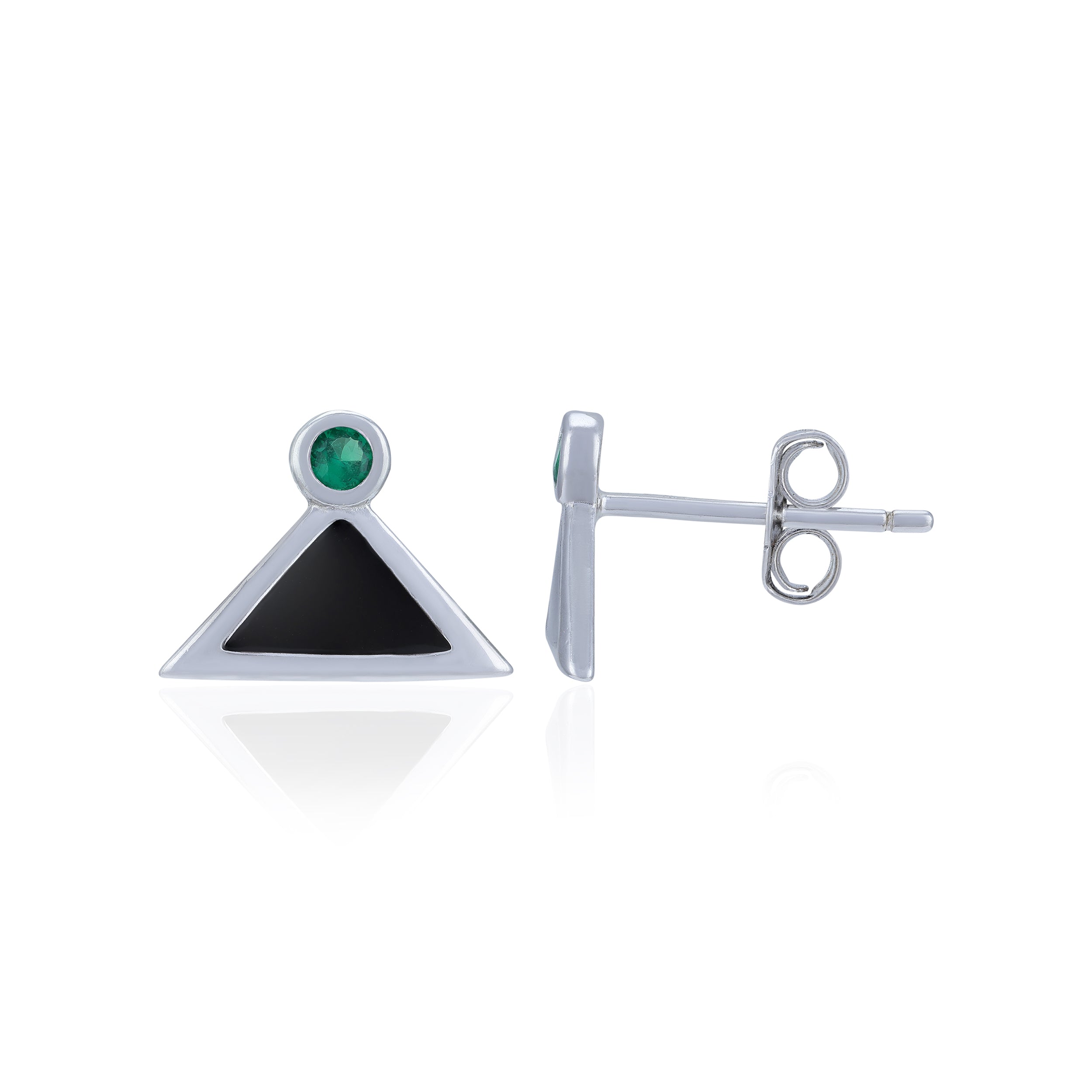 Pair of earrings with a black triangle and green gemstone on a white background