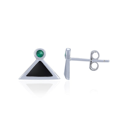 Pair of earrings with a black triangle and green gemstone on a white background