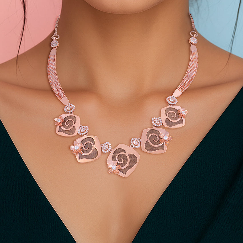 925 Sterling Silver Rosegold Clustered Heart Swirl Necklace For Women