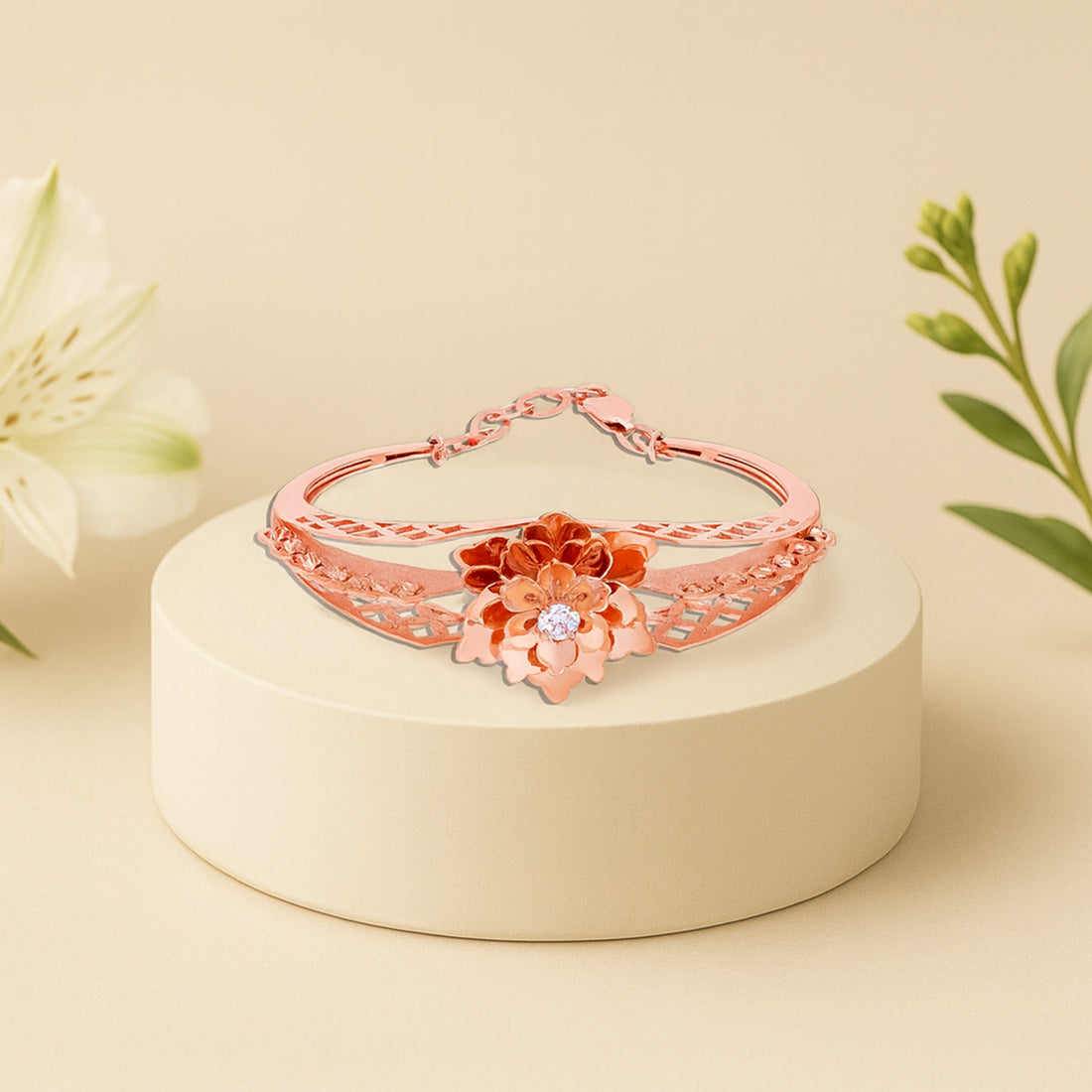 925 Sterling Silver Rosegold Elegant Blossom Lace Kada For Women