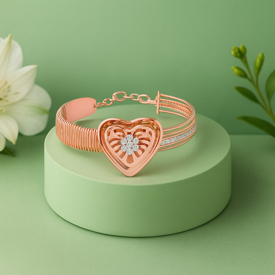925 Sterling Silver Rosegold Heart Floral Cluster Kada For Women