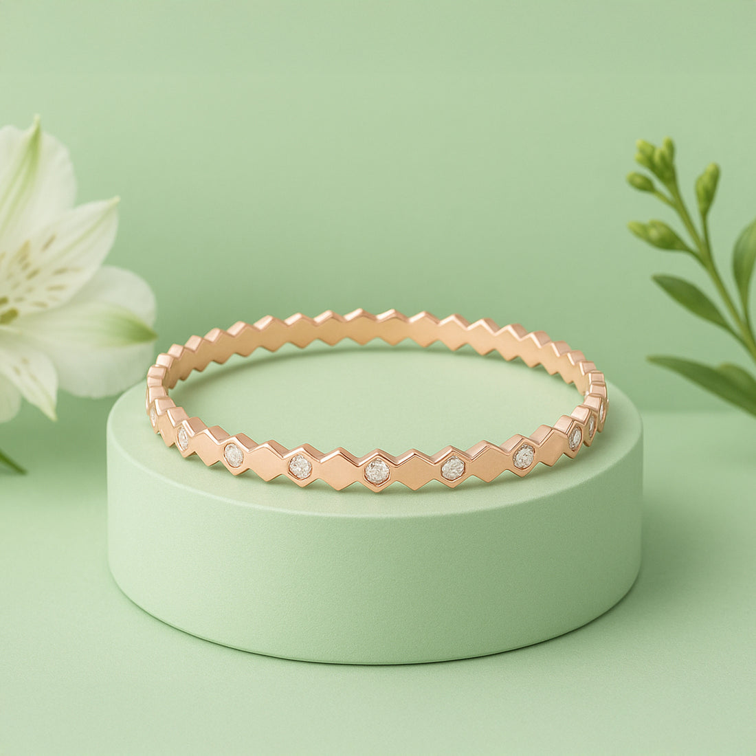 925 Sterling Silver Rosegold Hexagon Radiant Mosaic Bangle For Women