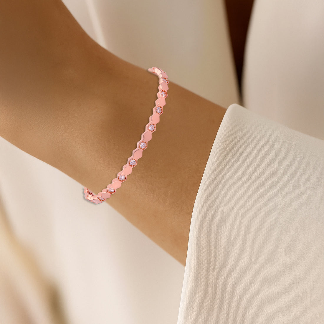 925 Sterling Silver Rosegold Hexagon Radiant Mosaic Bangle For Women