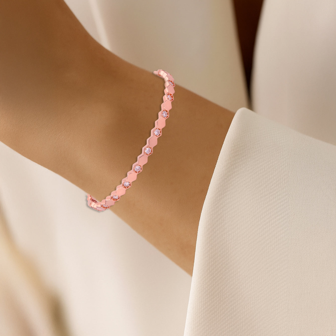 925 Sterling Silver Rosegold Hexagon Radiant Mosaic Bangle For Women